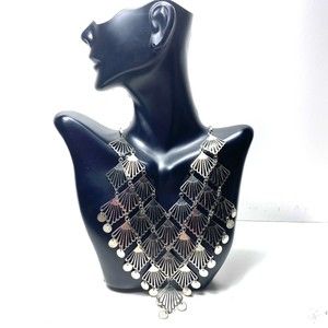Silver Tone Statement Bib Necklace Dangle Flapper Gypsy Art Deco Boho Style